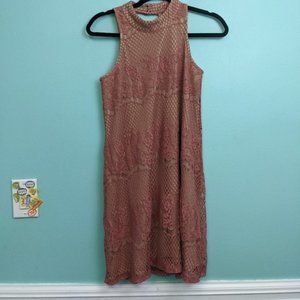 Dina Be Pink and Tan Mock Neck Sleeveless Mini Dress with Lace Overlay XSmall